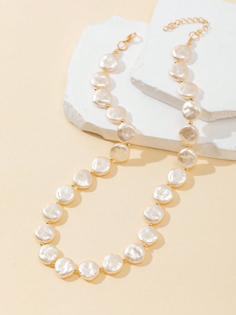 Beige Elegant Women's Asymmetrical Pearl Bead Decor Necklace